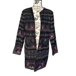 SILK LAND 100% Silk Bohemian Black Embroidered Open‎ Cardigan Medium Lagenlook